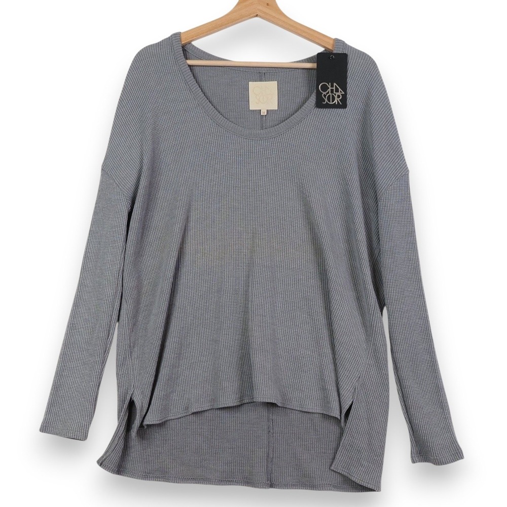 Chaser Womens Oversized Thermal Waffle Knit Top M Long Sleeve Gray Comfort NWT